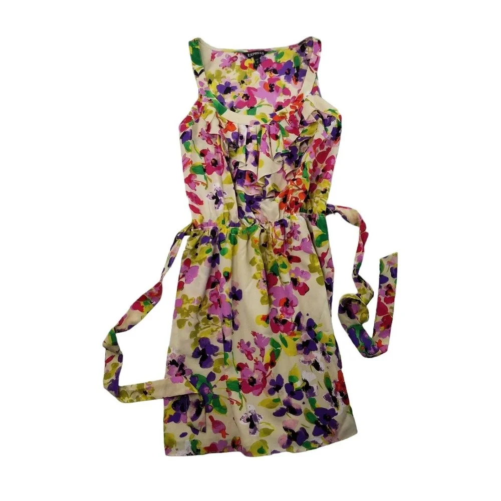 Express Dress Floral Knee Length Belted Sundress Womens Sz M  Ruffle Bib Pockets - Picture 8 of 16